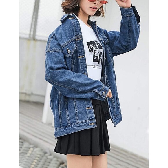 Women's Oversized Mid Long Denim Jacket Jean Biker Coat Long Sleeves Dark Blue - Picture 5 of 9